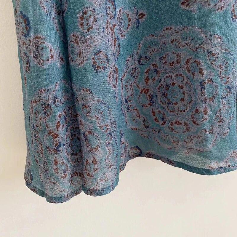 Johnature Vintage-Druck, elastische Taille, alle passenden Damen-Röcke, Herbstblau, lockere Krawattenröcke