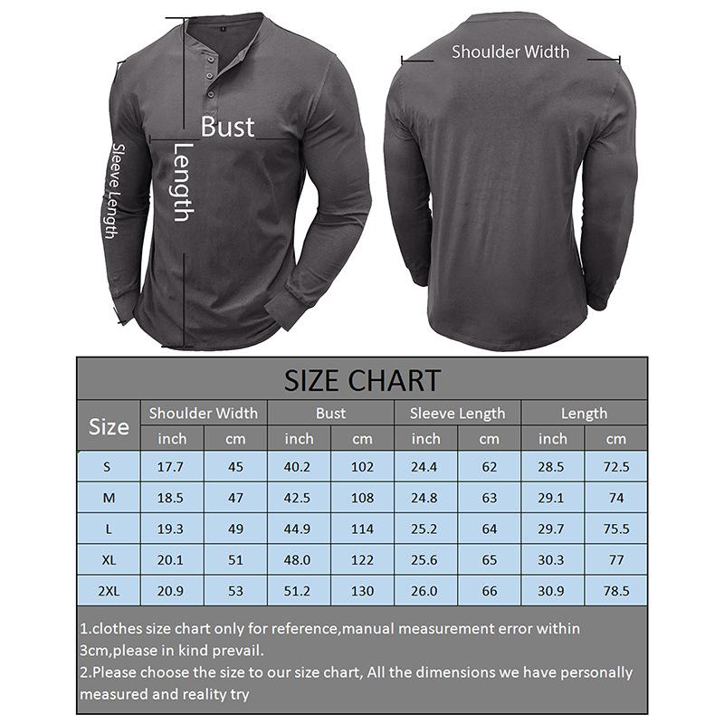 Shionfa Spring Men'S Long Sleeved T-Shirt Casual Soft Cotton Base Shirt Placket Front Button Solid Color Pullover