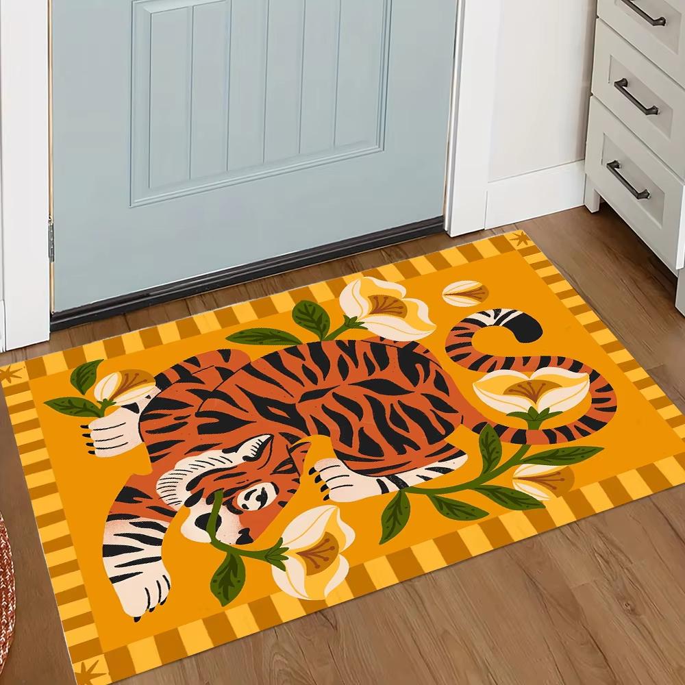 Retro Tibetan Tiger Print Doormat, Non-Slip Absorbent Washable Floor Rug for Entryway, Living Room Home Decor