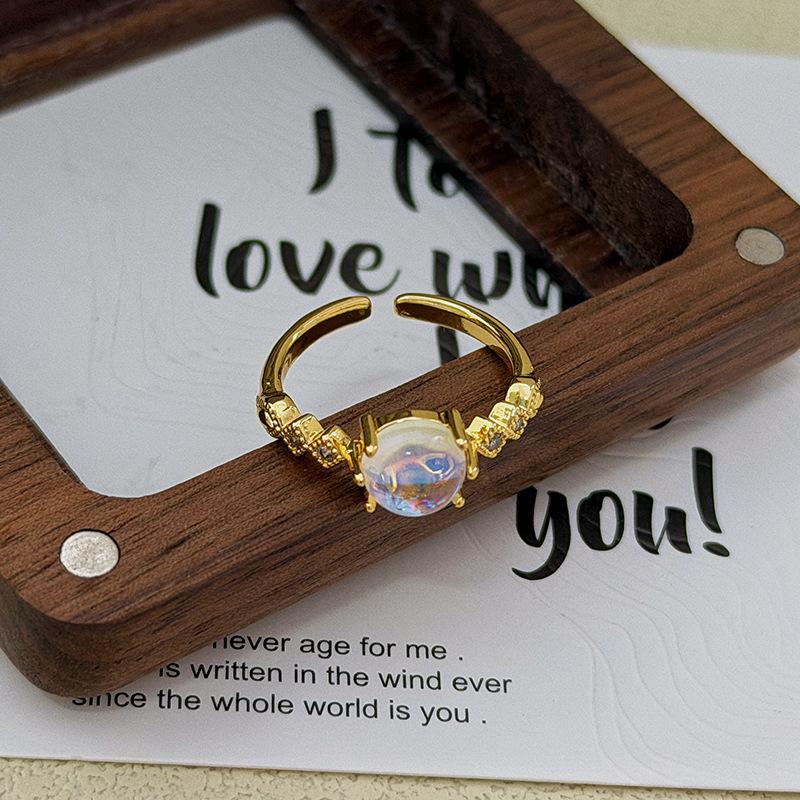 Light Luxury Blue Moonstone Retro Court Style Diamond-Encrusted Zircon Bead Open Ring Niche High-End Elegant Ring