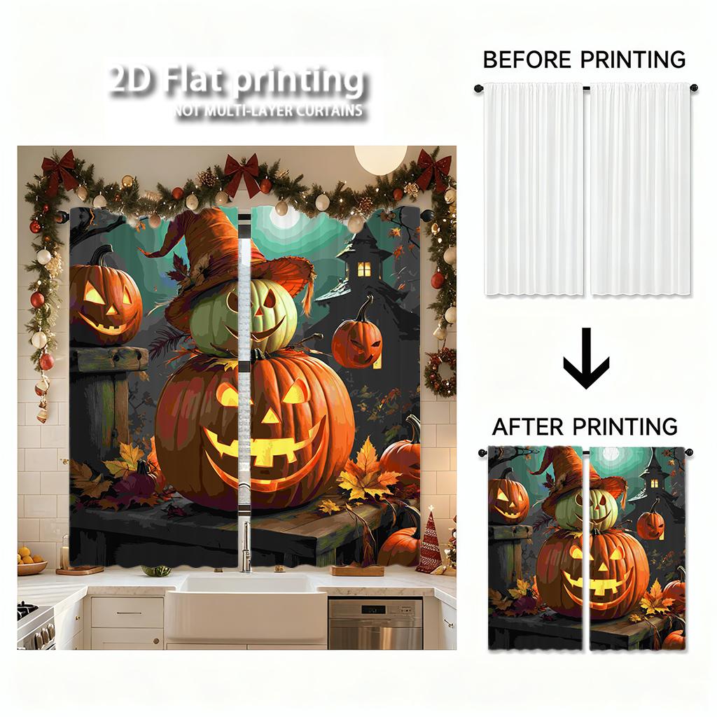 Piece Set High Definition Digital Printed Curtainshalloween Pumpkin Colorful Night Fallen Leaves Dark Backgroundhome Decora Curtain Polyester