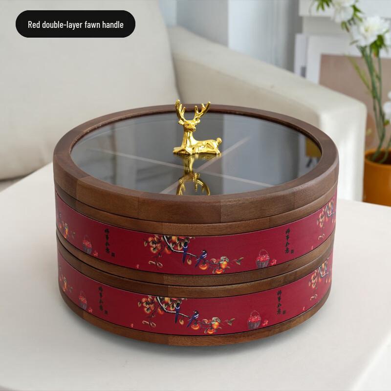 Red Deer Handle Double-Layer Round Snack Box
