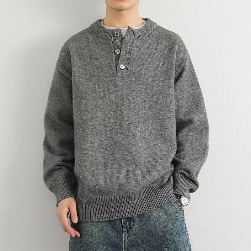 Boys' Light Grey Sweater - Autumn/Winter Trendy Brand Loose Button Knitwear
