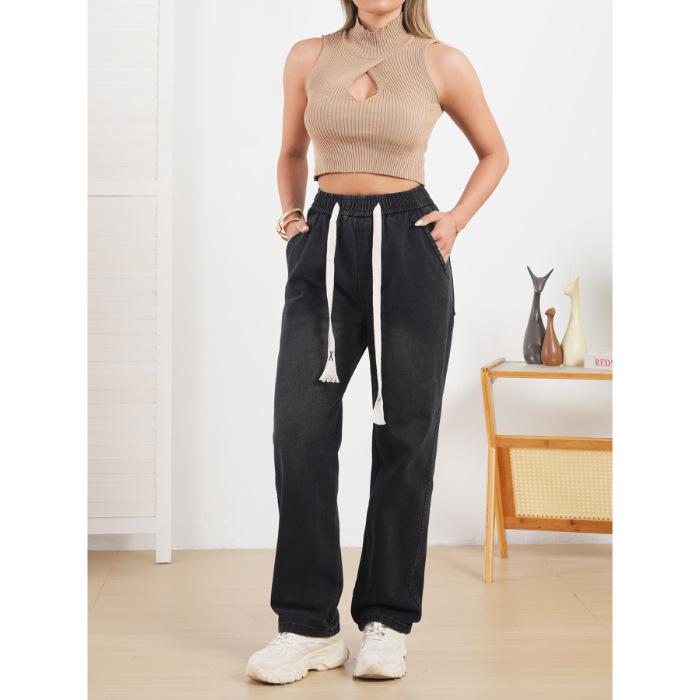 Women s Drawstring Elastic Denim Jeans - Loose, Casual, Straight-Leg Fit XL