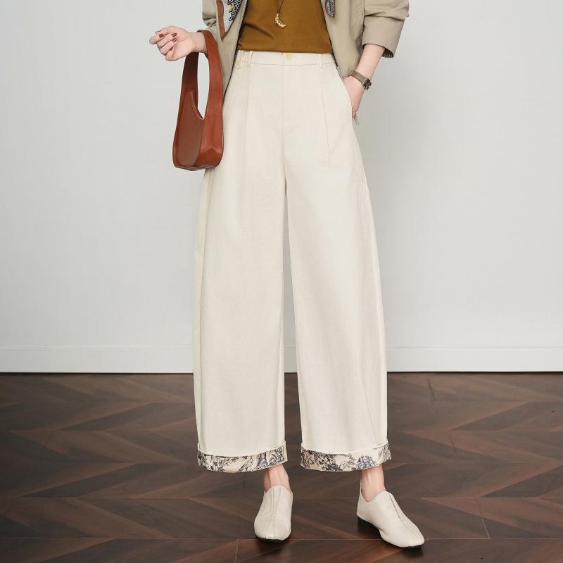 2026 Spring/Autumn Women's High-Waisted Wide-Leg Color Block Lace Casual Pants, Plus Size