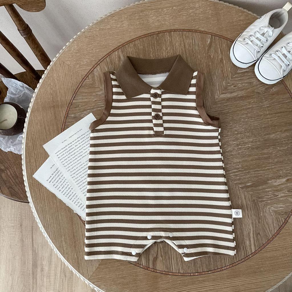 Unisex Infant Striped Sleeveless Romper with Lapel and Snap Crotch