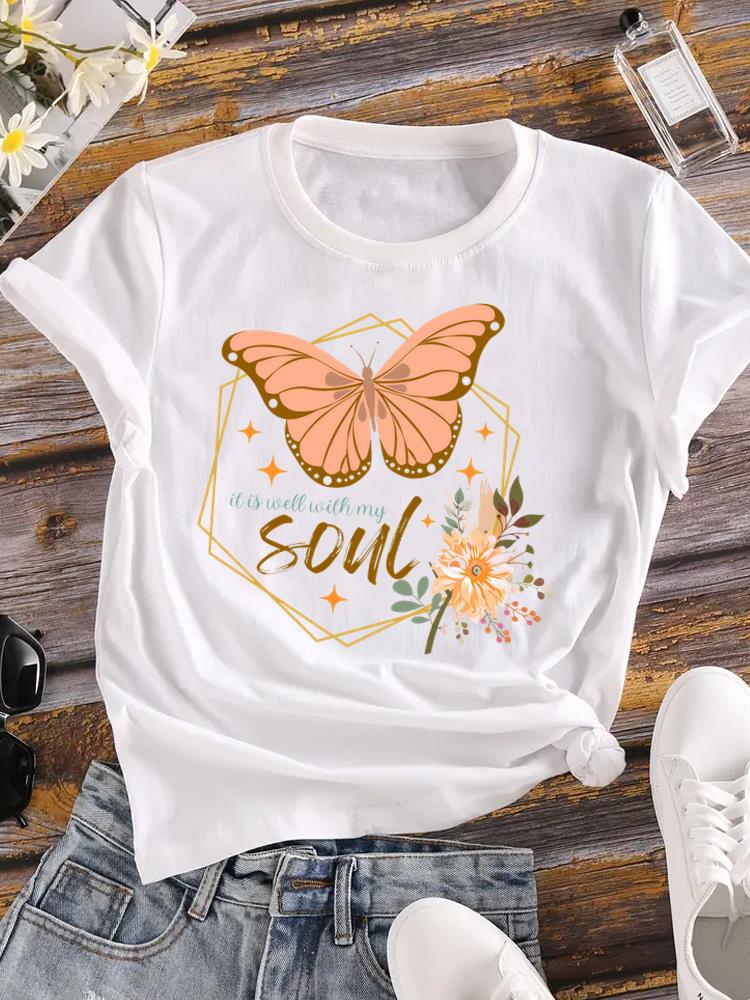 (Asian Size) Flower Letter Trend Female Top Fashion Graphic Short Sleeve T-shirts Casual T Shirt  Lady Printed Clothing Women Tee
