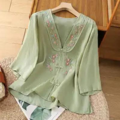 Women's Floral Embroidered V Neck Blouse Traditional Chinese Casual Shirt