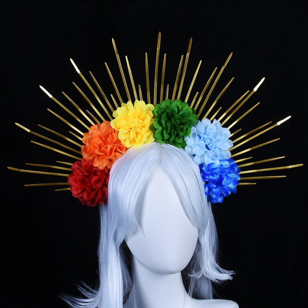 Aureole Colorful Flower Hair Hoop Sun Goddess Halo Headband Headpiece Rainbow Hairband Party