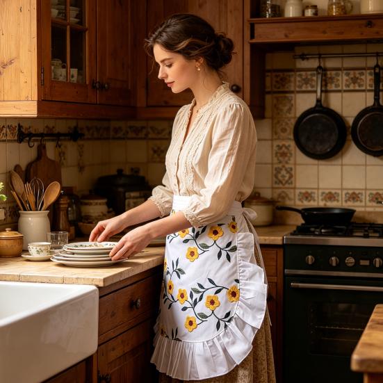 Cotton Half Apron with Daisy Print & Lace Hem Breathable Adjustable
