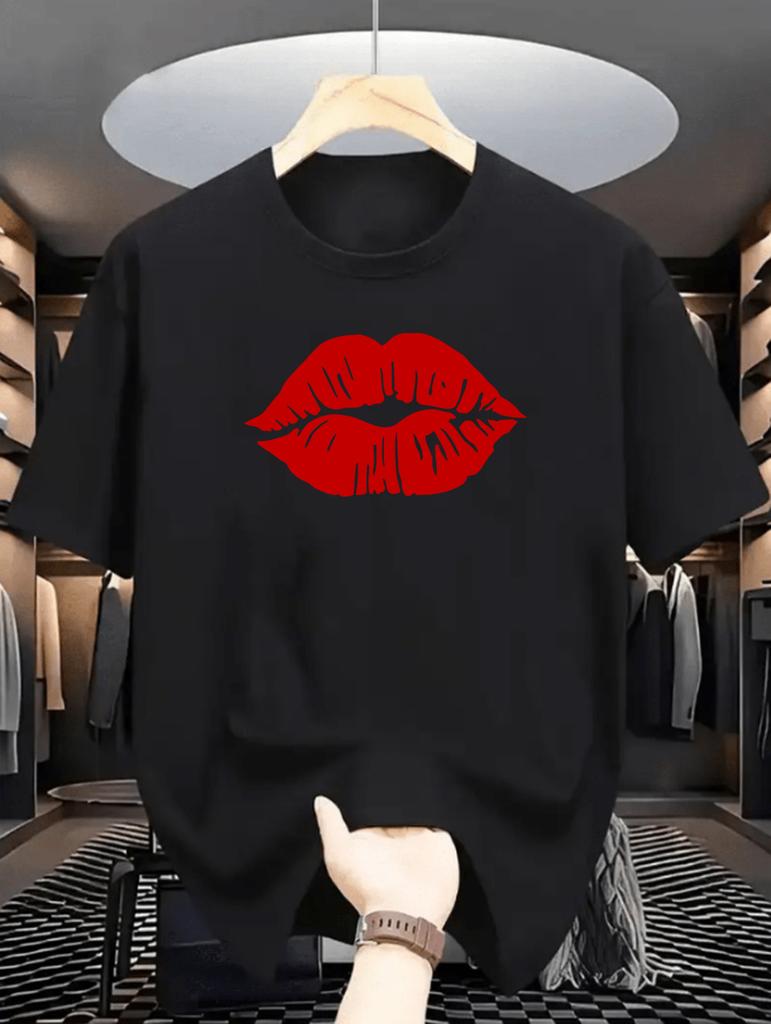 Unisex Summer Short Sleeve Tshirts Fashion Red Lips Finger Print Ladies Tshirts Top Cartoon Unisexs Graphic Tees Tshirts