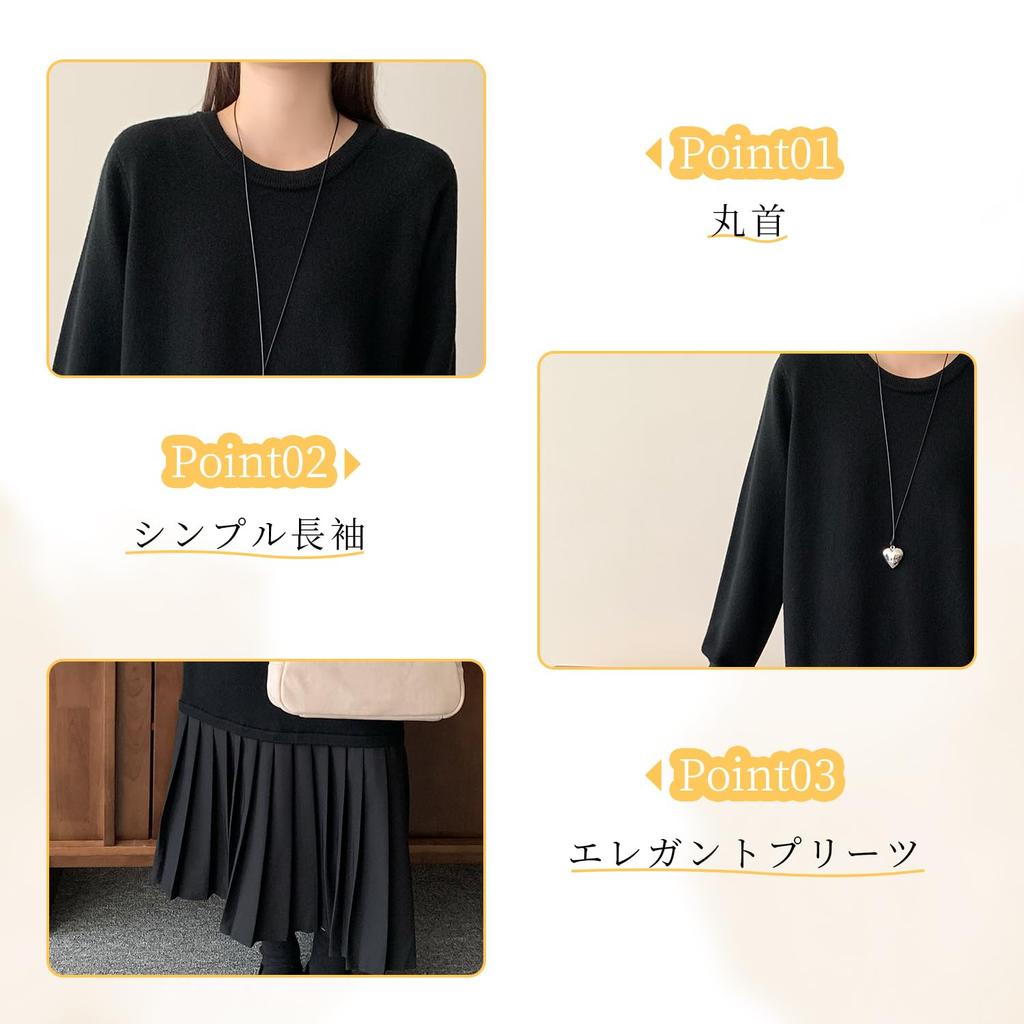 H2four Knit Long Round Long Solid Perfect for Office Winter Women's Dress, Neck, Sleeves, Pleated, Warm, Figure-Flattering, Slimming, Casual, Simple,