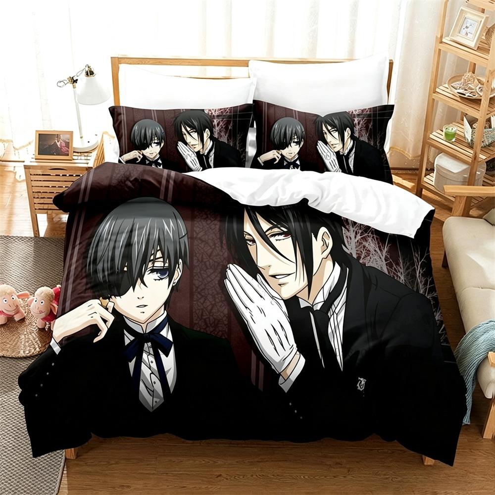 Set Biancheria da Letto Black Butler Kuroshitsuji 2/3 Pezzi Copripiumino Sebastian Ciel Cartone Animato Biancheria da Letto per Bambini Adulti Camera da Letto
