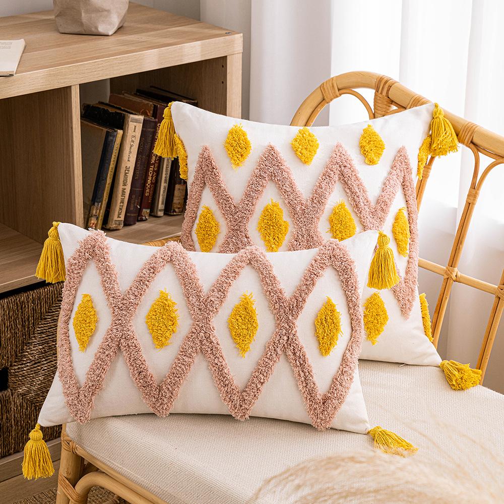 B&B Ins Wind Tufted Pillow Case Nordic Geometric Living Room Sofa Cushion Waist Pillow Rainbow Tassel Bedroom Pillow