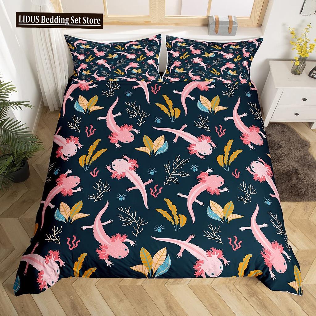 Cute Axolotl Duvet Cover Set Full Size Cartoon Salamander Bedding Set Kawaii Animals Comforter Cover Constellation Black Decor