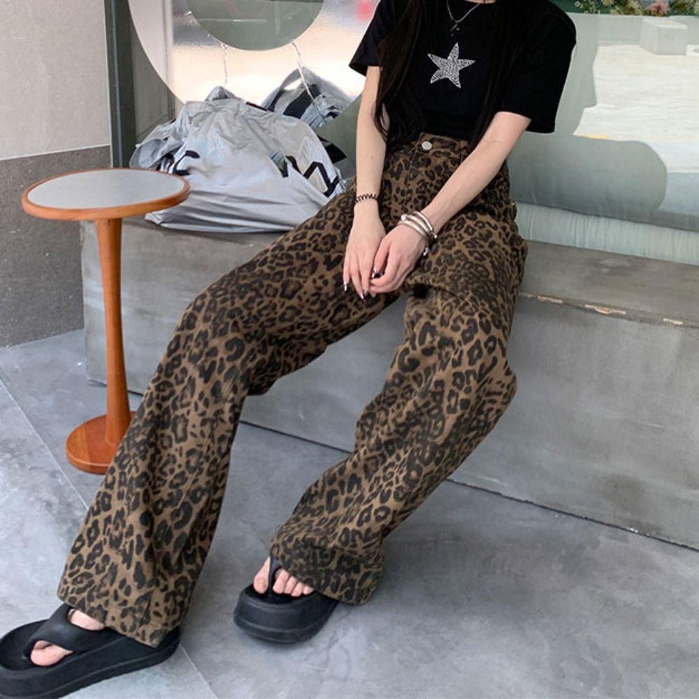 Wide Leg Leopard Print Jeans Straight Leg Cowboy Pants Soft Jeans Women Y2k Girls