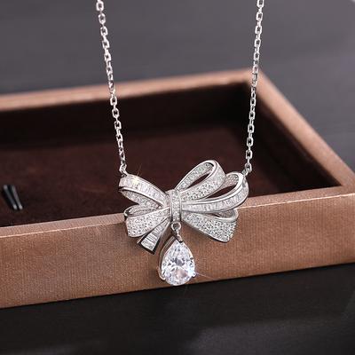 Huitan Luxury Bowknot Pendant Necklace with Bright Zircon Women Wedding Jewelry Graceful Female Aesthetic Accessories for Party