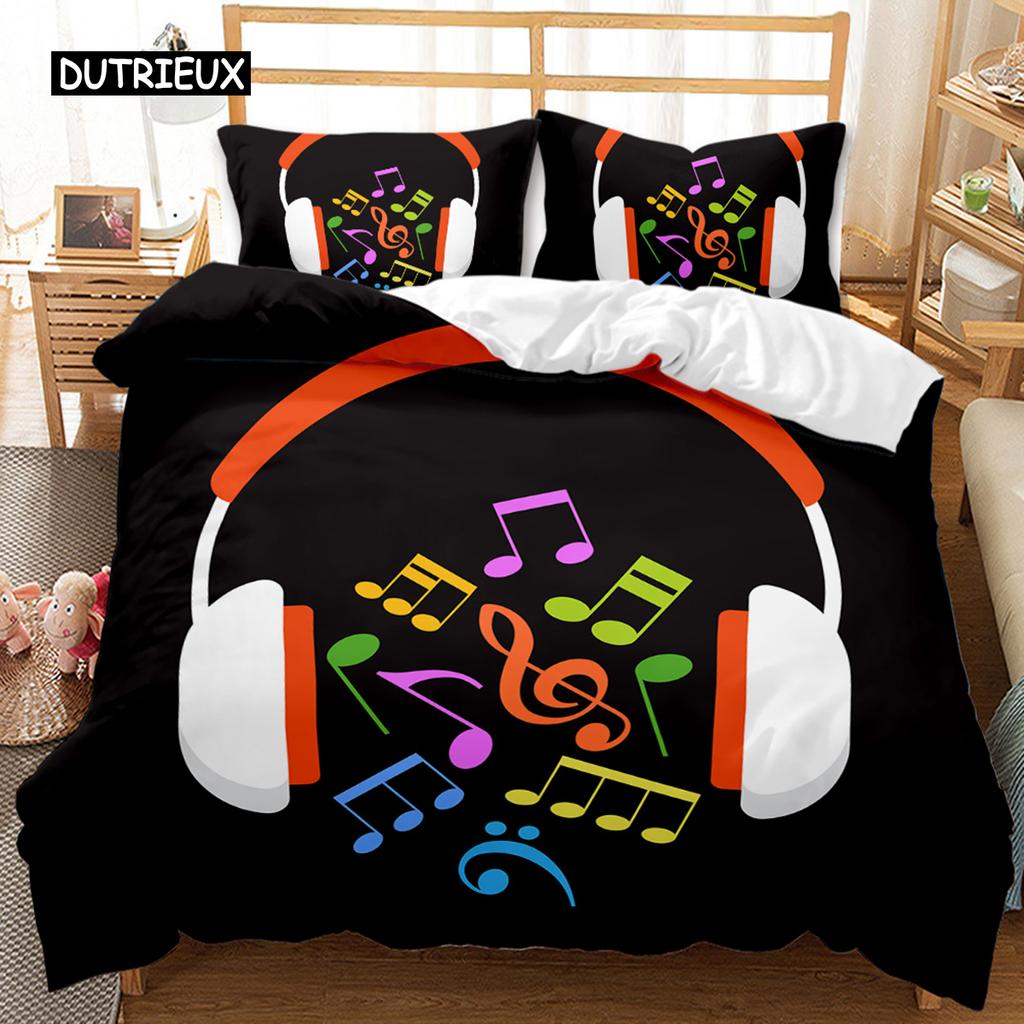 Kopfhörer Bettbezug Rockmusik Melodie Note Bettwäscheset Cool Weiß Headset Jungen Doppel Queen King Size Polyester Steppdeckenbezug