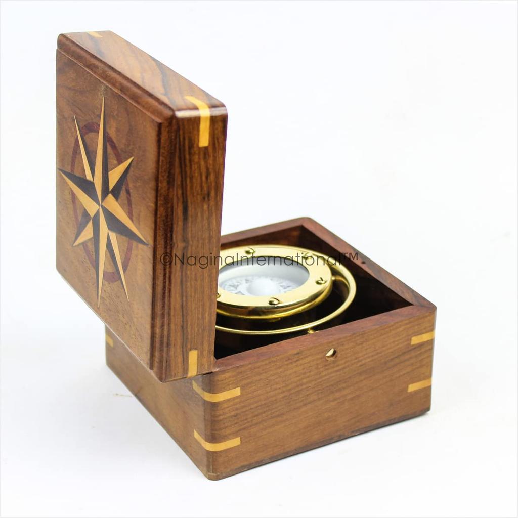 Handcrafted Gimbaled Brass Compass in Wooden Box P7N-L6E-Q29