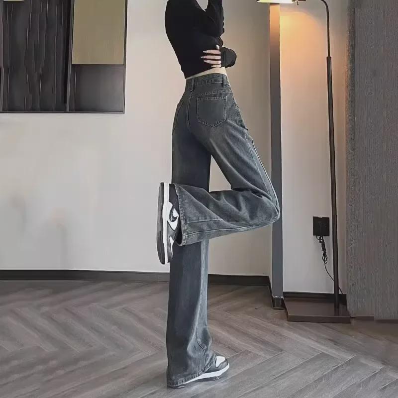 Pear-Shaped High-Waist Wide-Leg Jeans for Women - Cement Gray, Washed, Nostalgic Style, Floor-Length.
