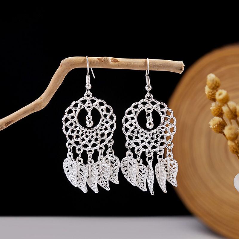 Imitation Miao Silver Ethnic Long Leaf Tassel Dangle Earrings