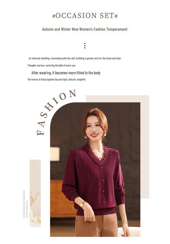 Spring Women's V-Neck Rhinestone Ice Silk Knitwear - Slimming, Versatile, and Comfortable for Middle-aged and Elderly Moms
