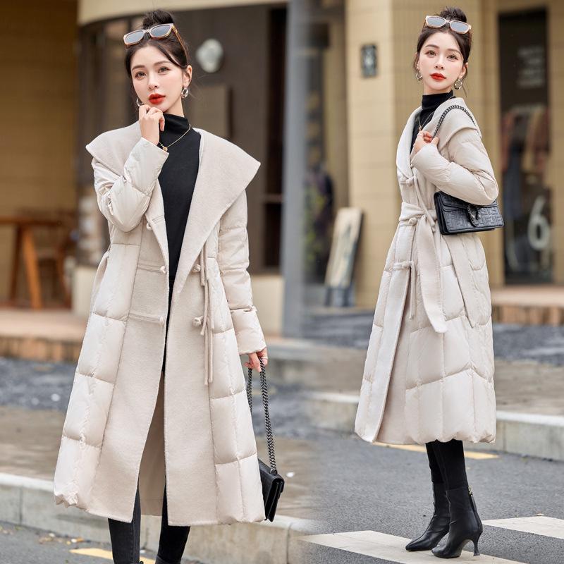 Extra Long Over-the-Knee Down and Wool Coat with Belt and Large Lapel for Autumn & Winter YJ1393
