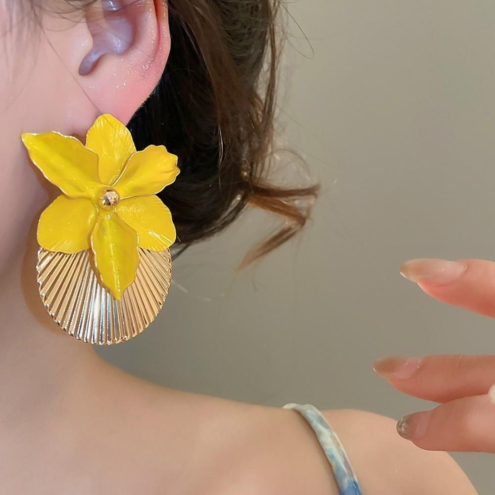 Butterfly Orchid Orchid Flower Shell Earrings Shell Shape Oil Drip Floral Ear Studs Exaggerated Iron Ear Pendant Summer