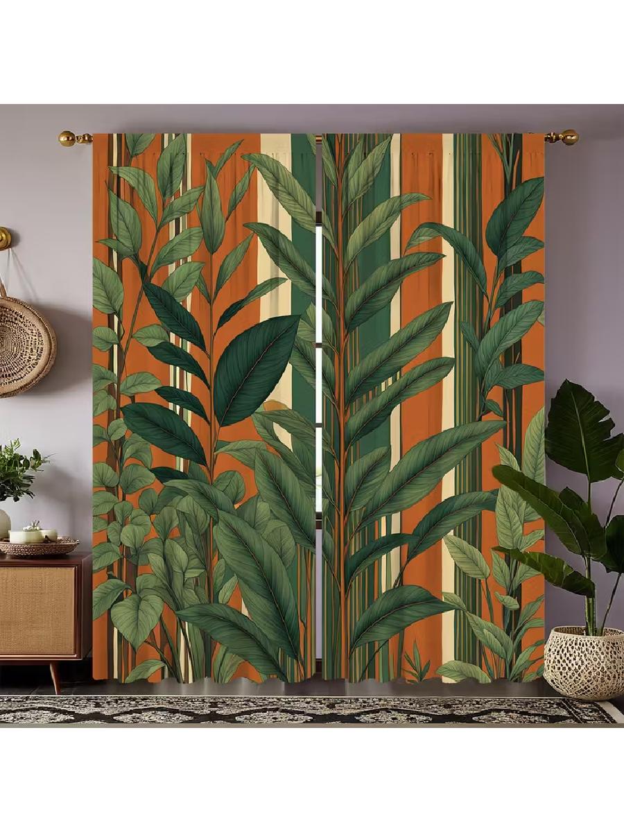 

2pcs Boho Tropical Leaf & Striped Pattern Curtains, Designed for Light Blocking, Premium Material, Suitable for Living Room, Bed 24x59in(60x150CM)x2&Rod Pocket