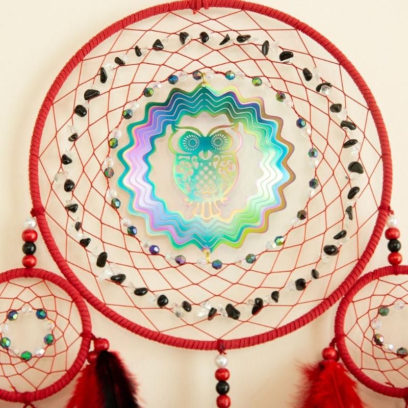 3D Rotating Colorful Owl Dreamcatchers Windchimes with Feathered Wall Hanging Decoration for Bedroom and Living Room