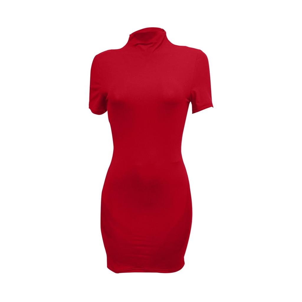 Fashion Color High Collar Short Sleeves Slim Fit Versatile Temperament Short Slim Dress