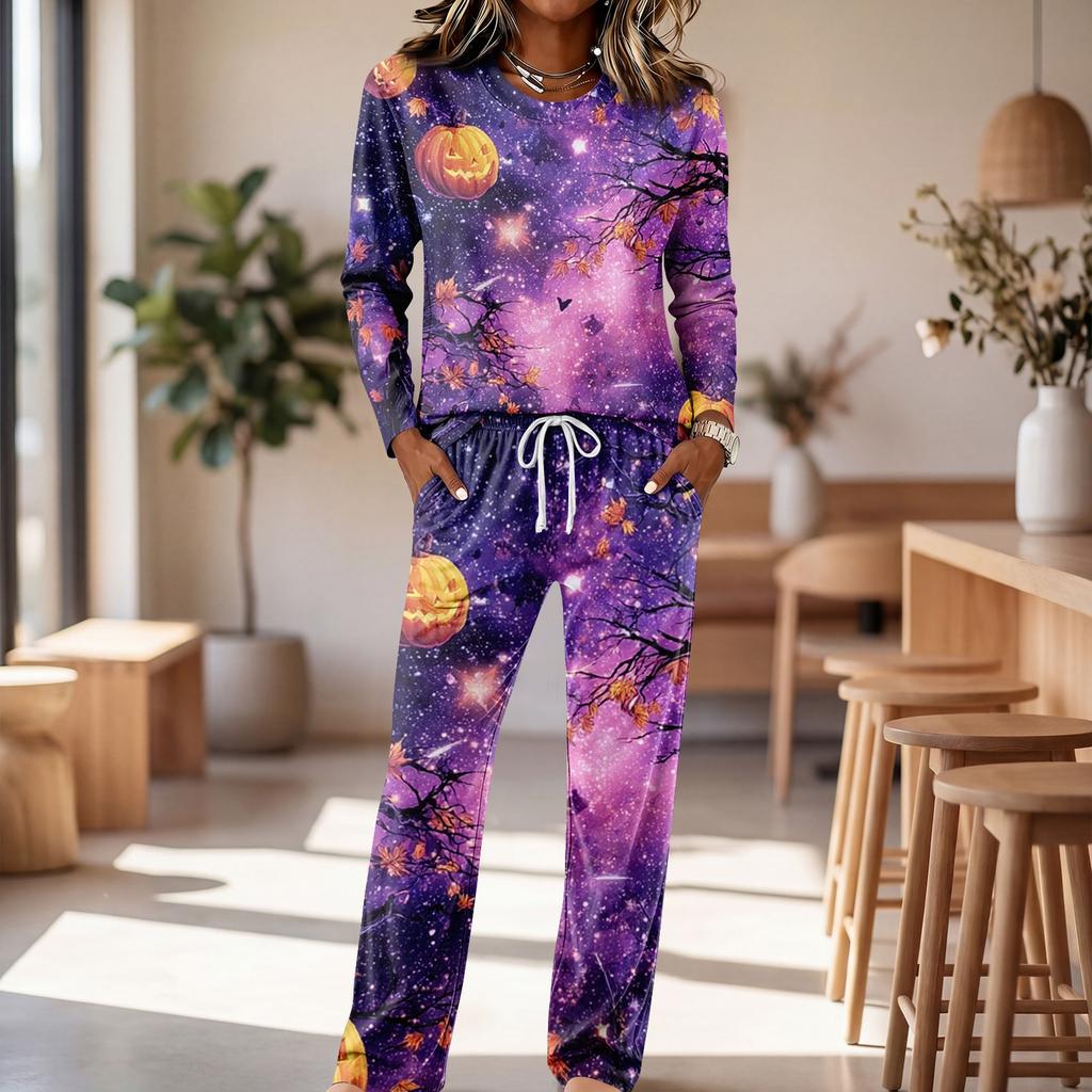 Women's Round Neck Long Sleeve Drawstring Wide Leg Pajama Set for Casual Loungewear