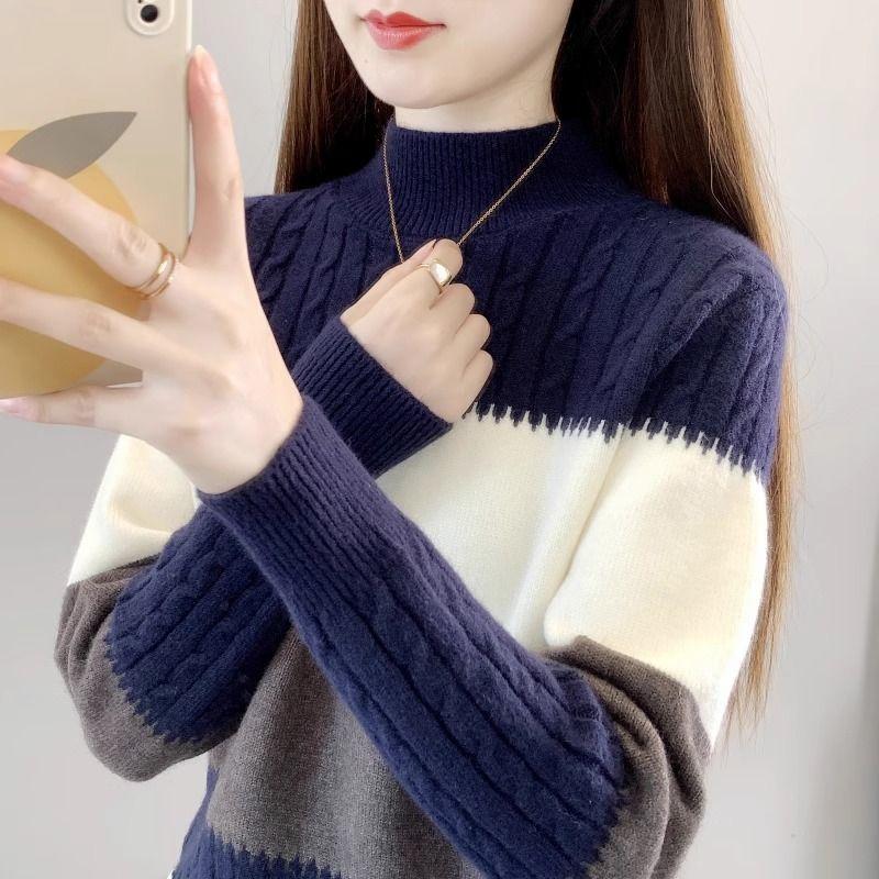 Women's Half Turtleneck Sweater Fall Winter Loose Knit Sweater Top Pullover Knit Jumper Color-blocked Plaid Knitwear