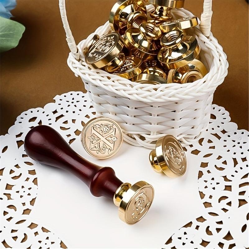 Sealing Wax Stamp Coppers Seals + 1Piece Wood Handle,Vintage Wax Seal Stamp Set for Envelops,Cards,Gift Wrappings