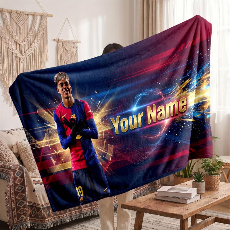 Coperta in pile personalizzata Lamine Yamal con logo del calcio, testo con nome personalizzato, morbida, calda, coperta da divano per la casa