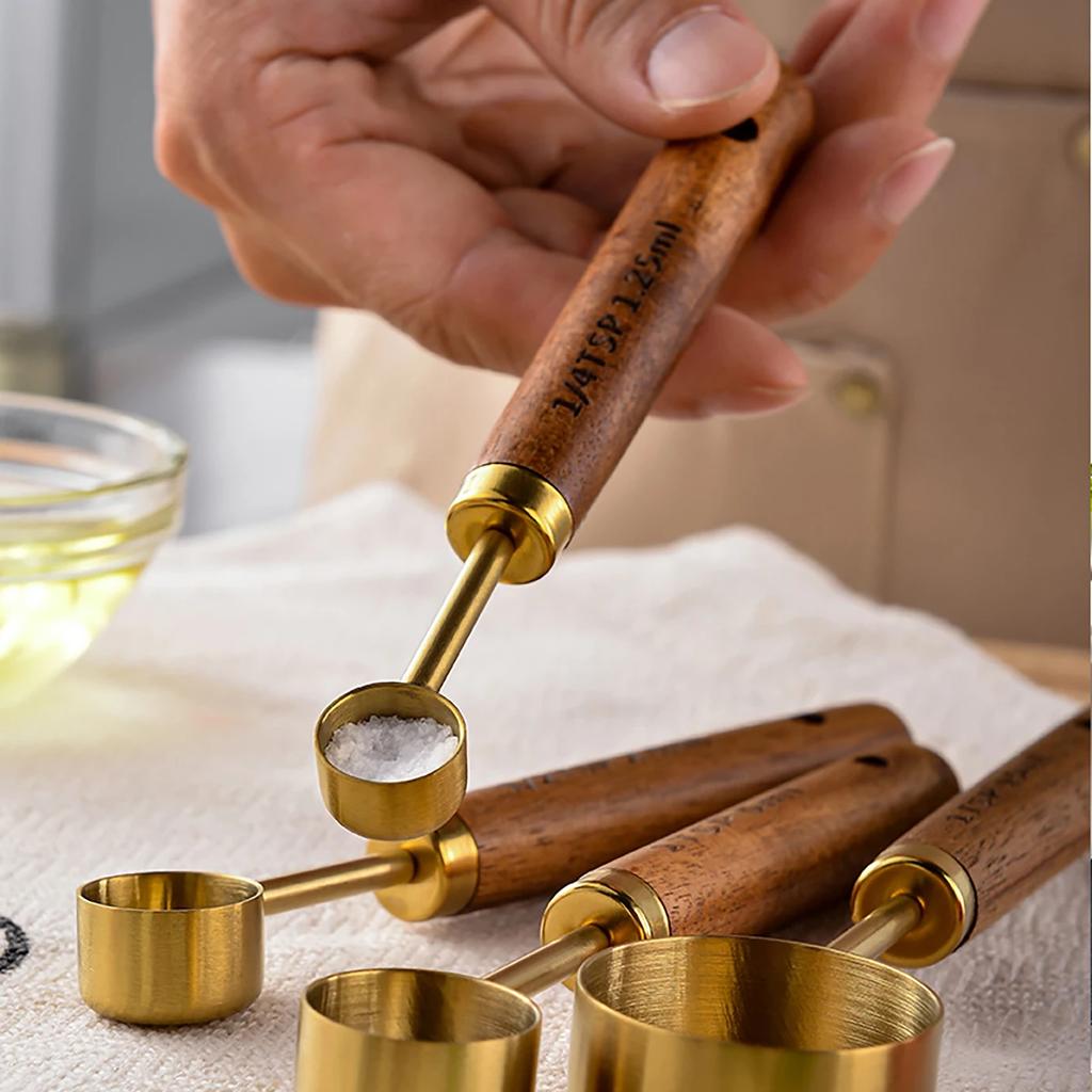4/8Pcs Wooden Handle Stainless Steel Measuring Cups Spoons Baking Tools Coffee Measuring Spoon Set Bartending Scale Accessories