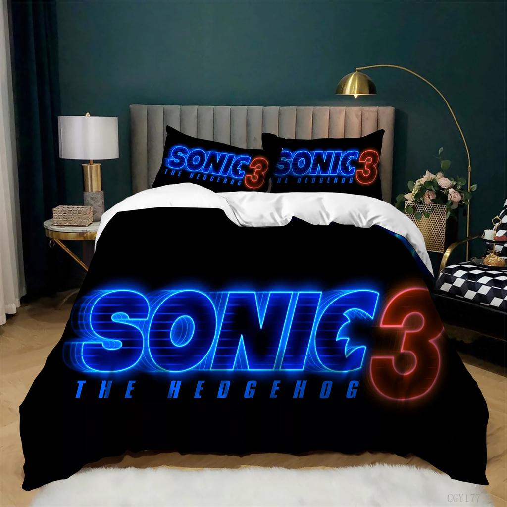 3 Pieces Movie Cartoon Sonic Bedding Set Ultra Soft Duvet Cover Set Twin Size Lightweight Quilt Cover with 2 Pillow Sham