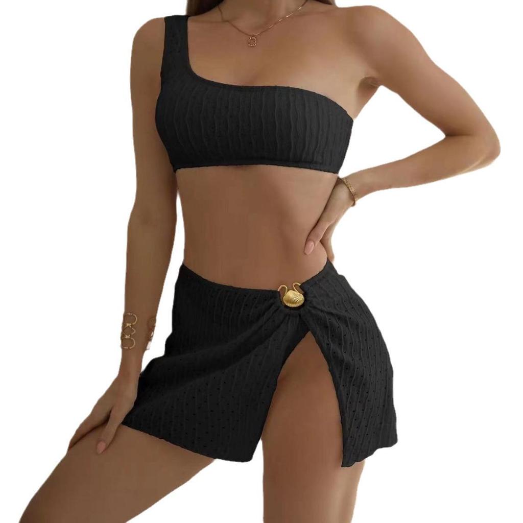 2024 Trendy European & American High Waist Slit Bikini Skirt 3-Piece Swimsuit