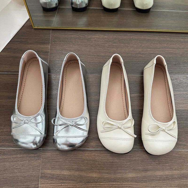 

2025 spring and summer new women s fashion casual flat single shoes versatile bow shoes one pedal women s shoes 40 бежевий