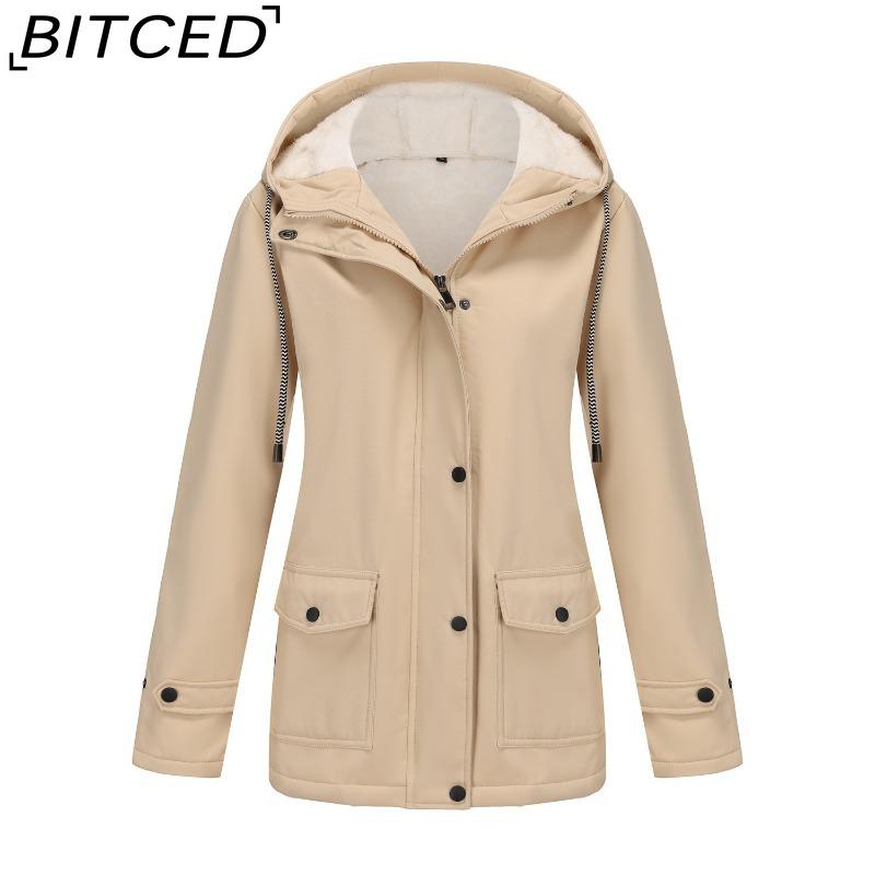 BITCED Women's Spring/Autumn Hooded Trench Coat with Fleece Lining and Water-Repellent Finish Long-Sleeved Zip-Up Cardigan