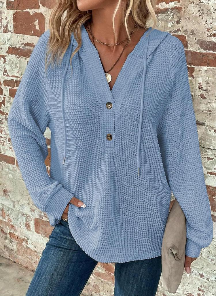 Women's Waffle Knit Hoodie V Neck Button Drawstring Hoodies Casual Long Sleeve Pullover Sweatshirt