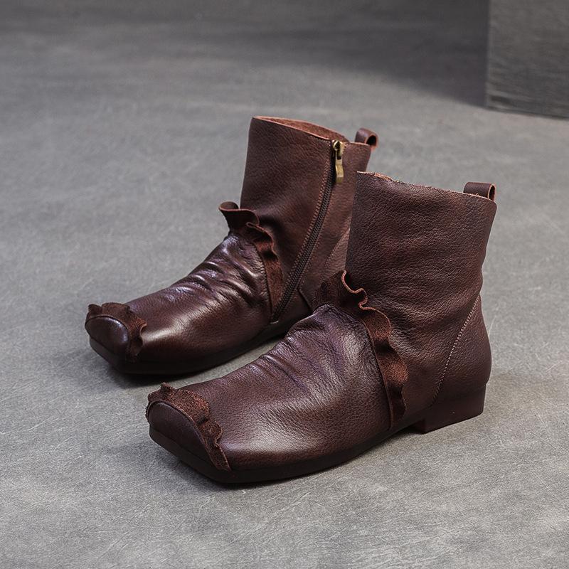 Johnature Kurze Stiefel aus weichem Rindsleder mit quadratischer Zehenpartie, vielseitige, bequeme Damenschuhe aus echtem Leder im Retro-Stil