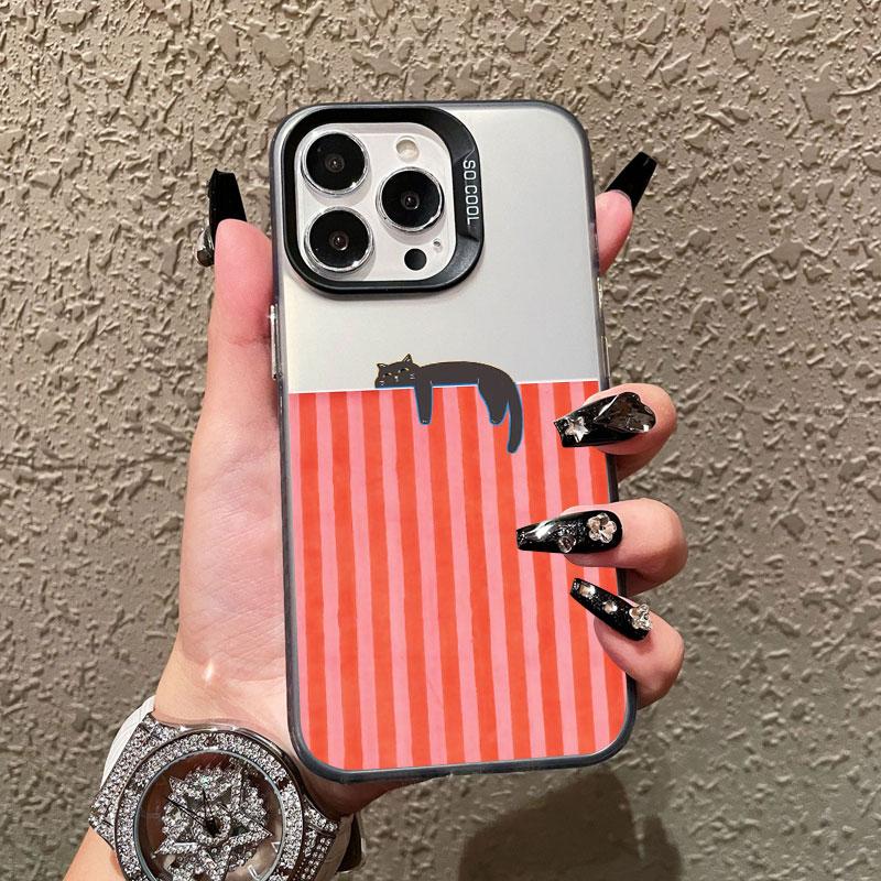 Artistic Black Cat Striped Pattern Laser Phone Case For iPhone 17 15 14 Pro Max Plus 17 Air 16 13 12 Mini 11 Pro Max Cover Funda