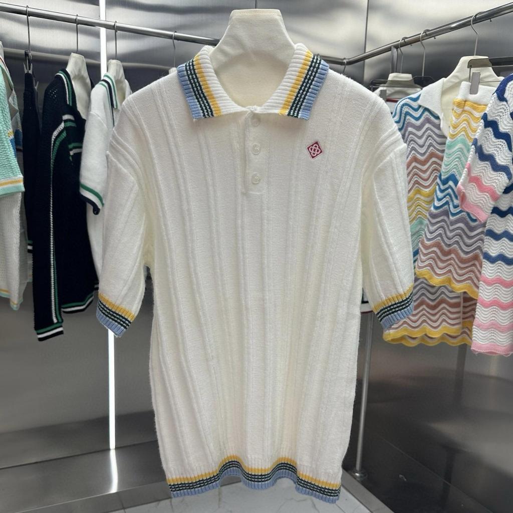 Summer Unisex Color Block Striped Knit Wool Polo Shirt - Short Sleeve