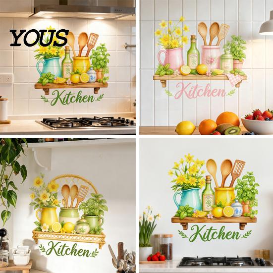 Adesivi Murali in PVC, Adesivi per Cucina ad Acquerello, Pianta Verde Limone Teiera Auto?Adesivi Decorativi, Materiali per Ristrutturazione Casa, Decorazione Impermeabile per Fornelli