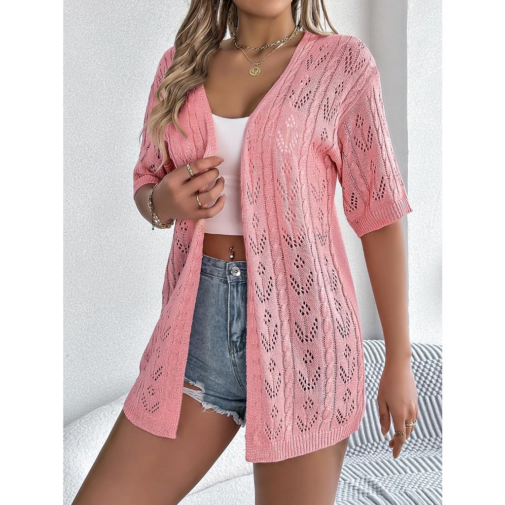 GMXIA Spring Summer Cut-out Short-sleeved Knitted Cardigan for Vacation Sun Protection Women's Wear