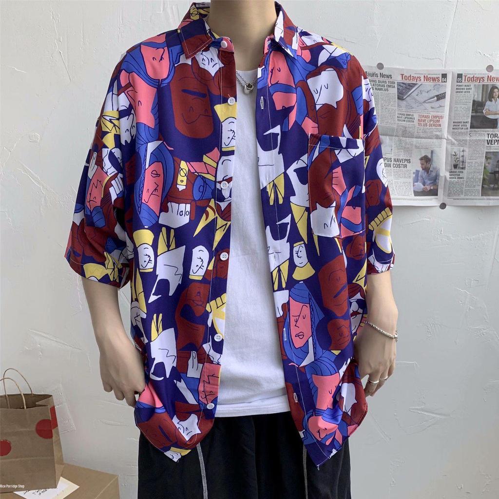 Men's Harajuku-Style Retro Floral Short-Sleeve Shirt: Hong Kong Ulzzang Beachwear with Sun Protection, Perfect for Couples.