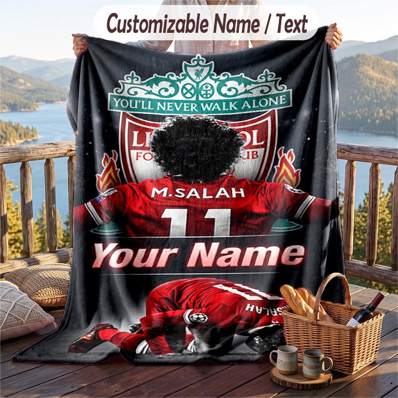 Flannel Blanket Mohamed Salah Print Custom Name Text Soft Throw for Sofa Bed
