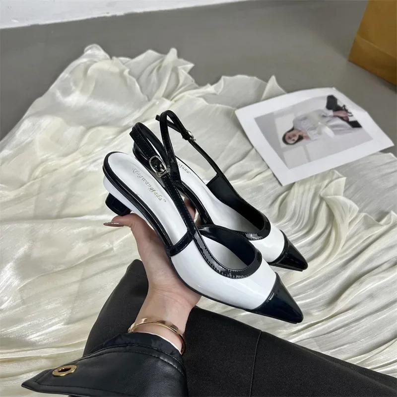 Designer Schwarz Weiß Farbe Niedrige Absatz Sandalen Damen Sexy Spitze Zehen Riemchen Keilabsatz Hohe Absätze Damen Elegante Absätze