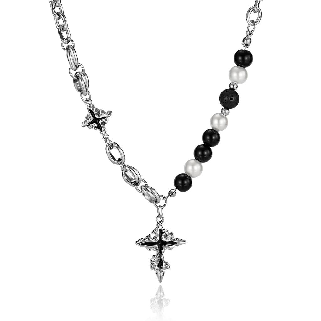 Cross Stainless Pearl Volcanic Rock Silver Chain Long Vintage Cross Gift [Rockyu] Men's Necklace, Steel, & Beads, Pendant, Necklace, Style, Accessory,